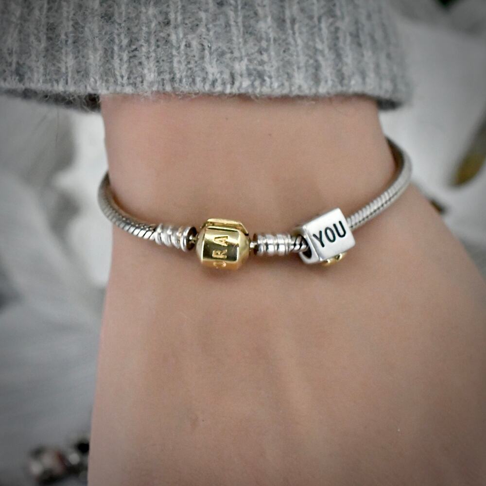 Pandora Two Tone Moments Bracelet 14K Gold Clasp 7.5" I Love You Heart Charm